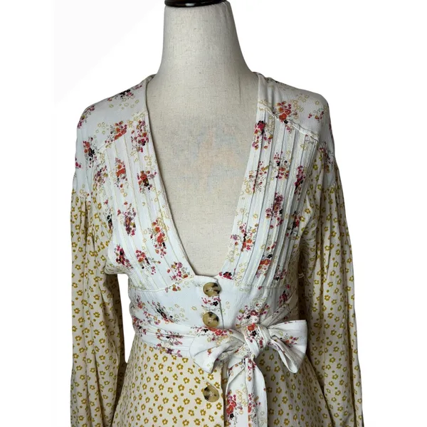 Free People‎ Wonderland Floral Mini Dress Women XS Yellow Boho Sash Cottagecore - Image 4