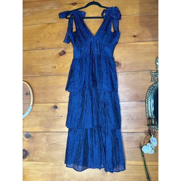 NWT Lulus Blissful Direction Navy Tie-Strap Clip Dot Bustier Midi Dress Gala M - Image 2