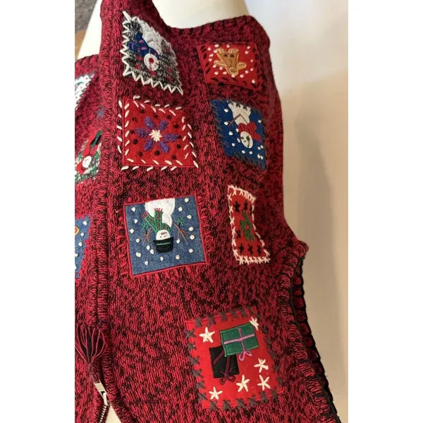 Erika VTG Ugly Christmas Sweater Vest‎ Red Size LG Embellished Zip Embroidered - Image 6