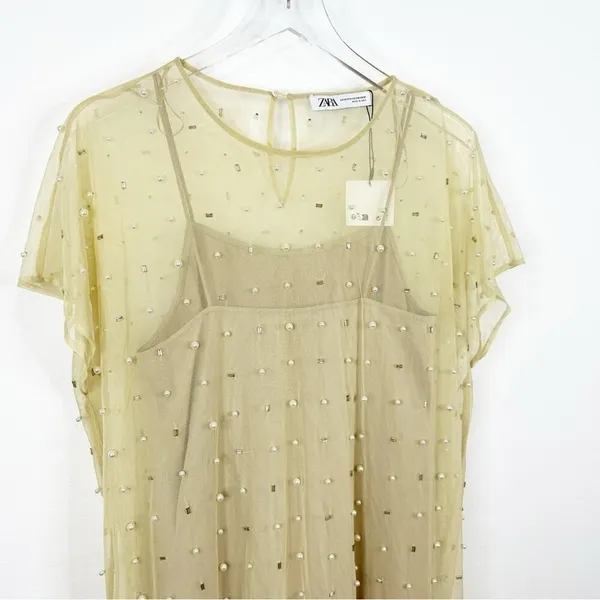 NWT ZARA Sheer Mesh Pearl Embellished Midi Dress Women's Size XS/S Tan‎ - Image 4