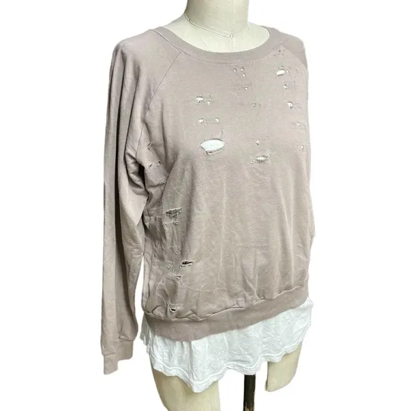 Monrow Distressed Double Layer Sweatshirt Fawn White Size‎ Medium Tan - Image 3