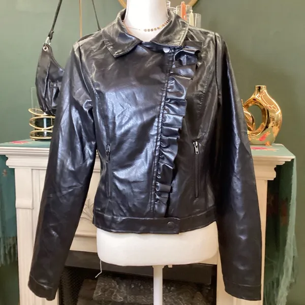 Wishful Park Black Faux Leather‎ Jacket with Ruffles - Image 2