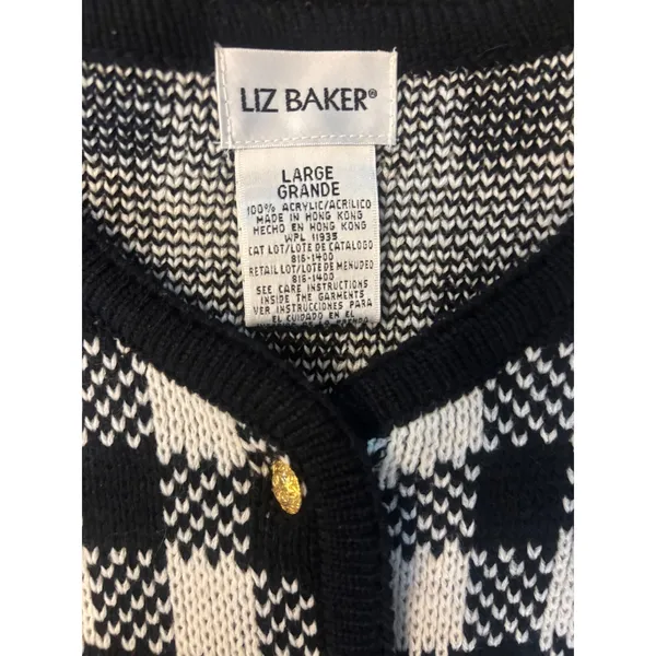 Liz Baker Cardigan L Black White Gingham Check Gold‎ Button Retro Dark Academia - Image 2
