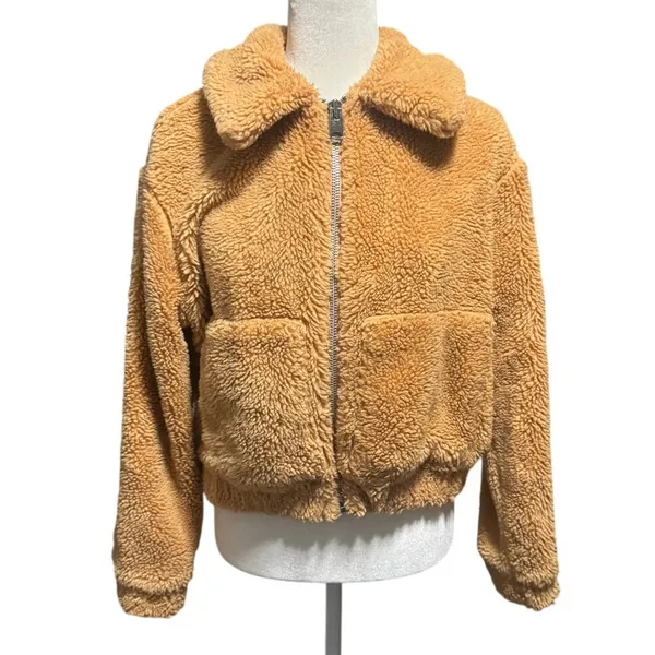 Urban Outfitters Sherpa Fleece Zip Jacket – Tan Teddy Bomber – Women’s Small - Image 2