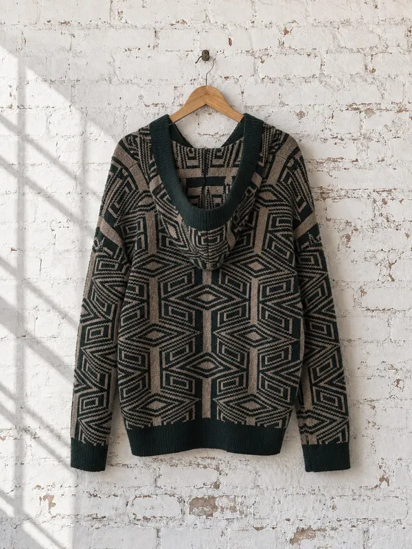 Free People Aztec Print Hoodie Sweater Moss Green Cream Oversized M - Image 3