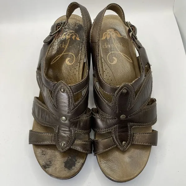 Dansko Nina Sandals Womens 38/7 Heels Brown Leather Floral Strappy‎ Platform - Image 3
