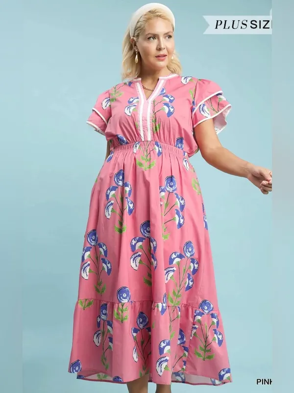 New! Umgee Plus Size Cotton Pink Floral Midi Dress Size 1X - Image 3