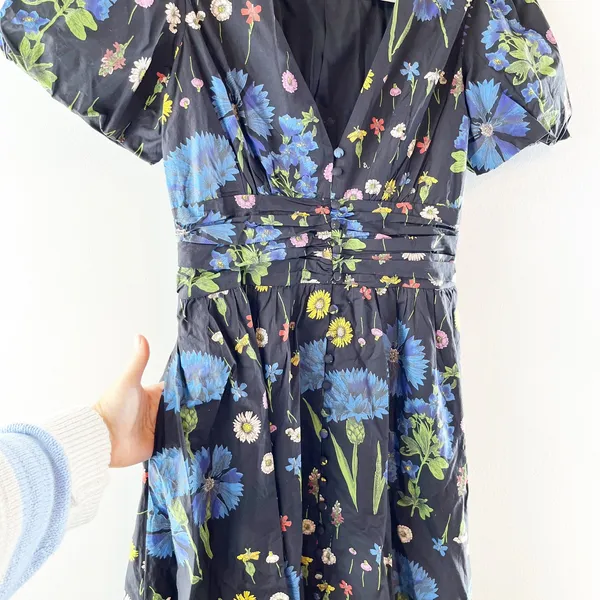 Anthropologie The Katerina Button Front Floral Short Sleeve Midi Dress Blue S - Image 6