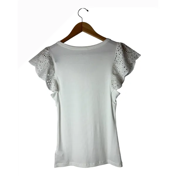 Gap Ribbed Baby Tee Women Small White NWT Eyelet Flutter Sleeve Boho Preppy - Image 3
