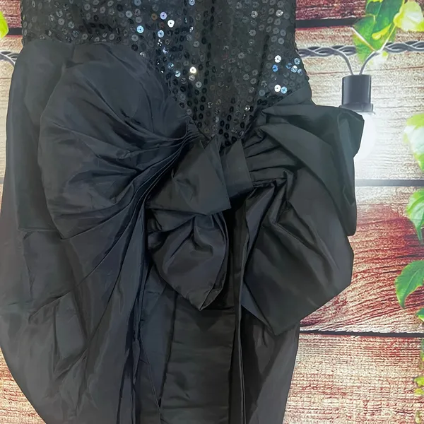 Vintage Tadashi Strapless Mini Dress Size 8 Black Sequins Giant Bow Flapper - Image 3