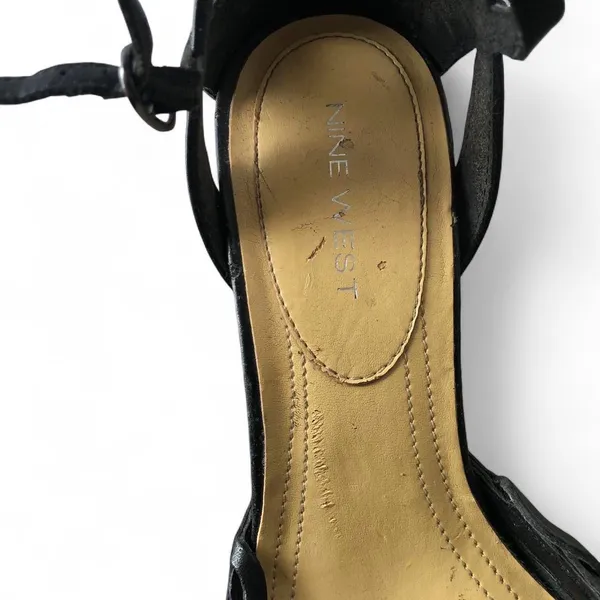 Vintage 90s 2000s Y2K Whimsygoth Leather black fisherman maryjane heels pumps roman hollow strappy cage cone curved round toe basket weaving Heel height:3.2” - Image 5
