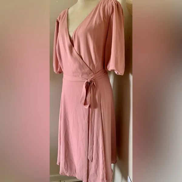 FAME AND PARTNERS Georgette Blush Pink V-Neck Wrap Cocktail‎ Feminine Dress Sz 14 - Image 2