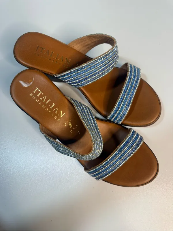 Italina Blue Striped Fabric Wedge Sandals - Image 2