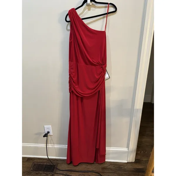 Xscape Red One-Shoulder Twist Jersey Cascading Evening Gown Size 16W $208 - Image 4