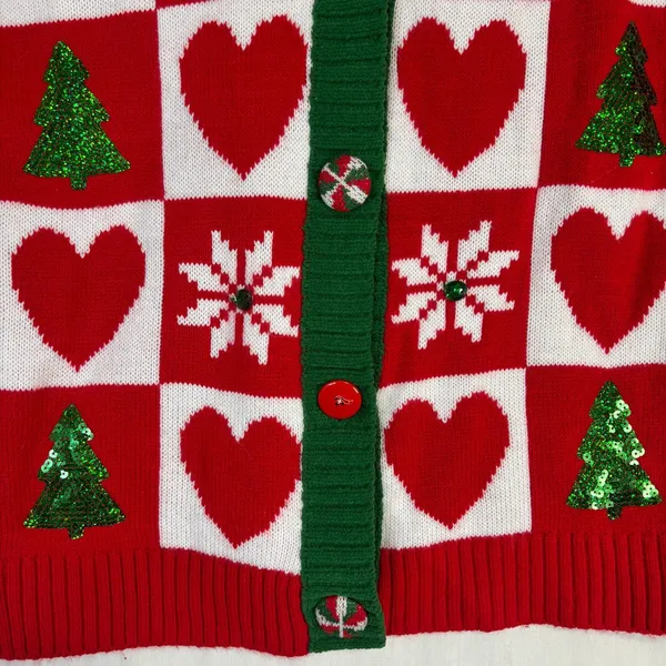 Ugly Christmas Holiday Sweater Button‎ Up Cardigan Red Sequin Trees Sz S (4-6) - Image 3