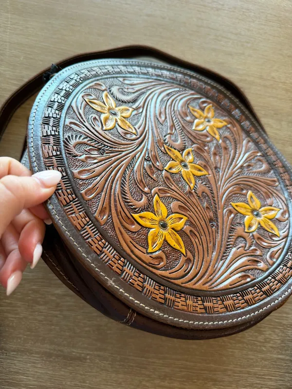 Myra Bags Round Brown and Yellow Stamped Flower Bag - Image 2