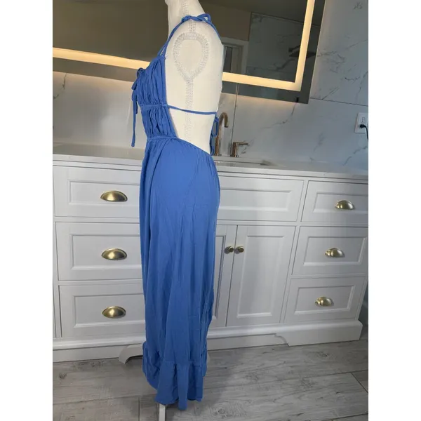 Blue Maxi Dress Womens XS Open Back Smocked Tie Ruffle Hem Boho Vacation Resort - Image 9