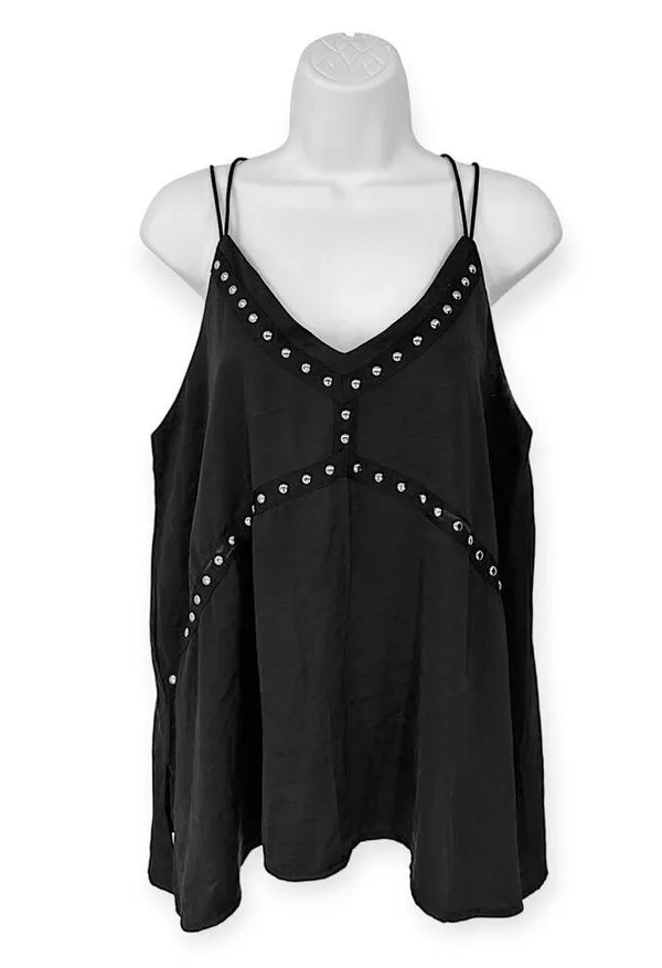 VICI | Medium | Black Satin Groupie Studded Embellished Strappy Tank Camisole - Image 4
