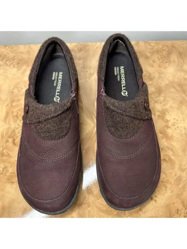 Merrell Andorra Womens 8.5 Burgundy Leather Wool Slip On Walking Shoes - Image 2