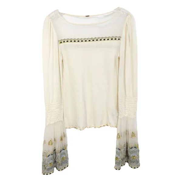Free People Small Top Ivory Embroidered Bell Sleeve‎ Flared Boho Dramatic 696 - Image 4