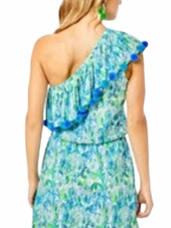 Lilly Pulitzer - Idara One-Shoulder Pom Pom Romper Blue Green Sz M - Image 2