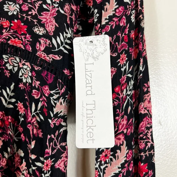 NWT C'isa Floral Print Mini Dress Black Boho Bell Sleeve Crochet Trim Size S - Image 6