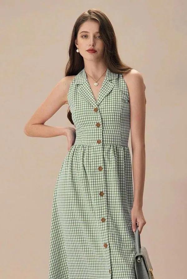 RIHOAS The Green Lapel Plaid Sleeveless Shirt Midi Dress XS - Image 4