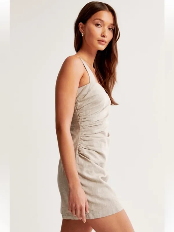 Abercrombie & Fitch Linen-Blend Ruched Square Neck Mini Dress Medium Beige NWT - Image 3