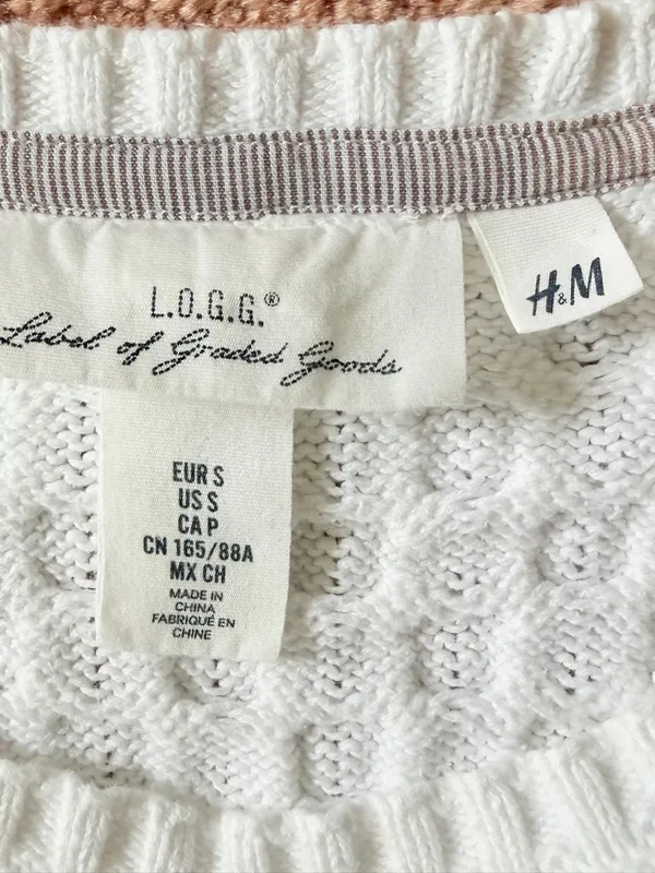 H&M L.O.G.G. White 100% Cotton Textured Knit Sweater S 3/4 Sleeve - Image 2