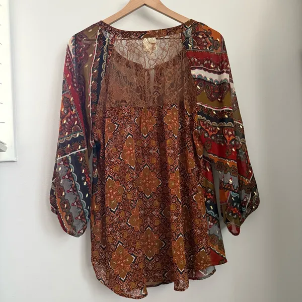 Fig & Flower 2X Tie Front Blouse Paisley Peasant Gypsy Boho Puff Sleeve Relaxed - Image 2