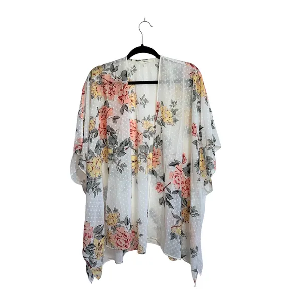Maurices White Floral Swiss Clip Dot Kimono Multi Pastel Open Front - Image 2