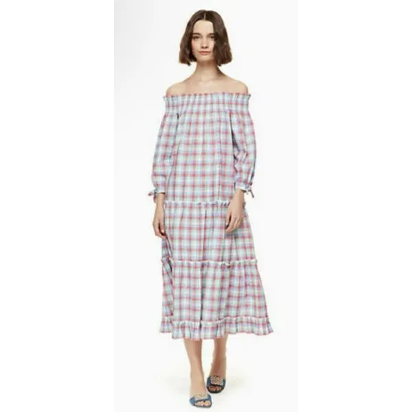 KATE SPADE Plaid Madras Off Shoulder Dress Size Medium Ruffle Tiered Picnic - Image 8