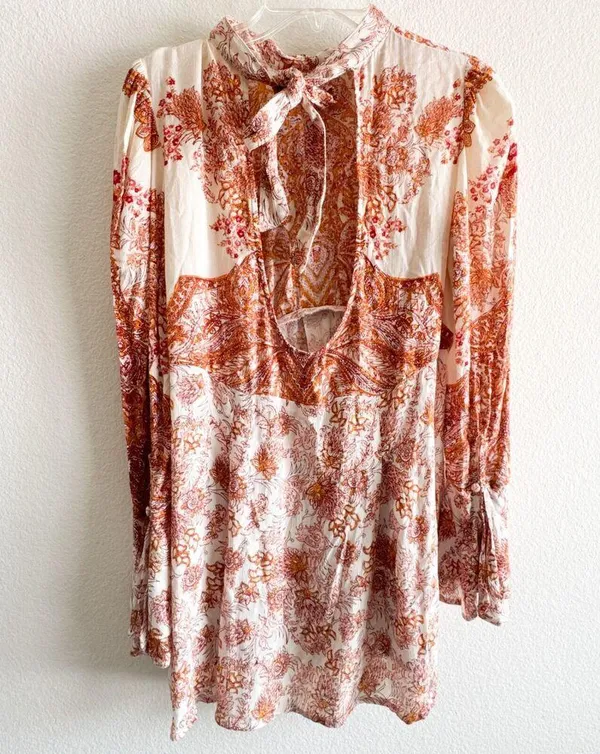 FREE PEOPLE Lady Luck Bell Sleeve Print Tunic or Mini Dress In Ivory Size XS - Image 7