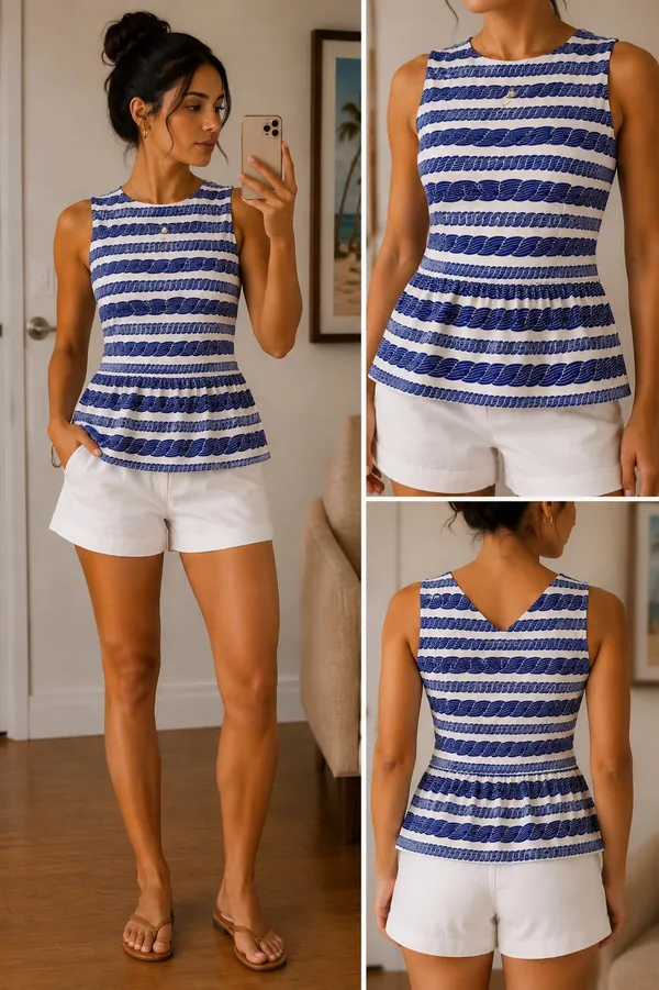 Vineyard Vines size 2 blue white nautical rope print peplum sleeveless top - Image 2