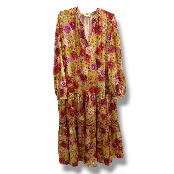 Current Air Los Angeles Floral Tiered Midi Dress Yellow Pink V-Neck Size‎ L - Image 3