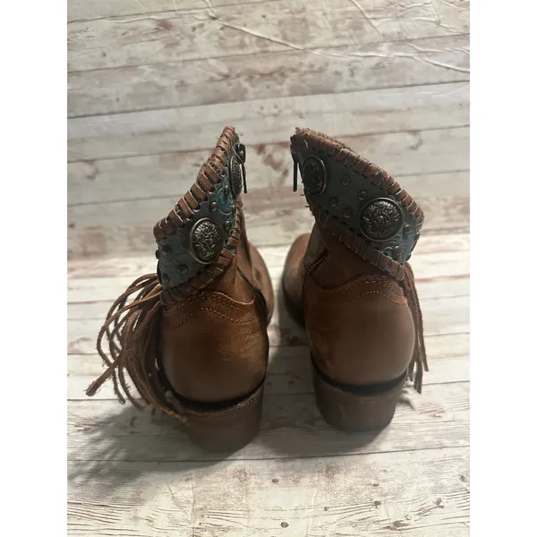 Corral Emma Ankle Boots Western Women's Size 7.5 Brown Turquoise Fringe Leather - Image 4