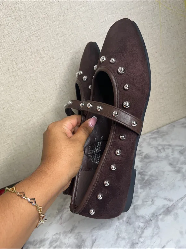 Olivia & Kate Studded Mary Jane Flats in a dark brown faux-suede finish - Image 8