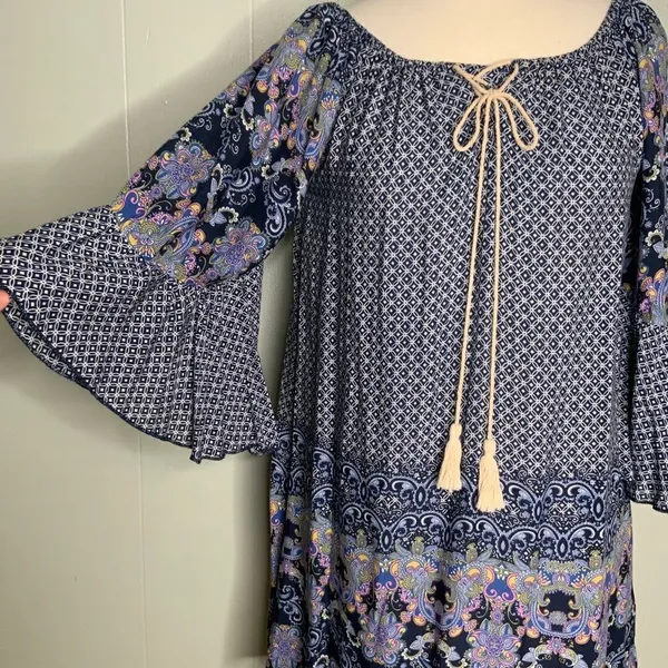 Altar’d State Blue/White/Lavender Boho Bell Sleeve Mini Dress Tunic S - Image 5