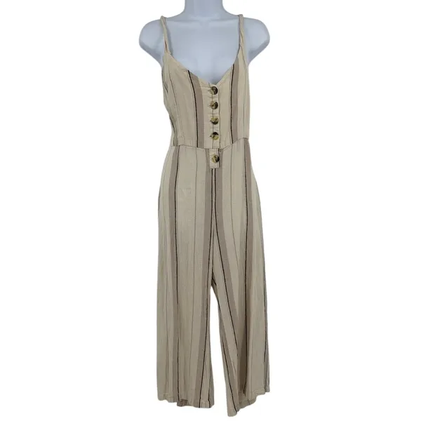 Indigo Rein Linen Blend Womens Jumpsuit Sz L Boho Coastal Stripe Resort Euro - Image 2