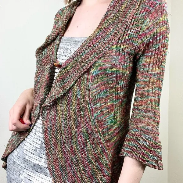Vintage y2k Kessley Multicolor Rainbow Metallic Bell Sleeve Cardigan Sweater S - Image 3