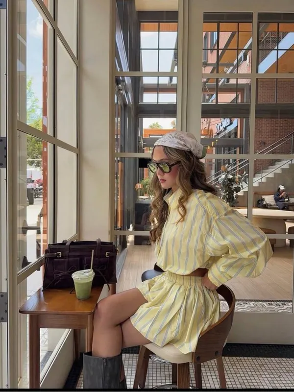 Boutique Women's Yellow Striped Pleated Mini Shorts- Coordinated Set - Image 4