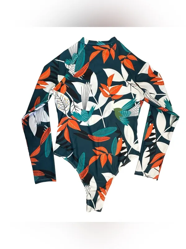 Long-Sleeve Teal Floral One-Piece Swim Suit with Front Zip Size L - Image 3