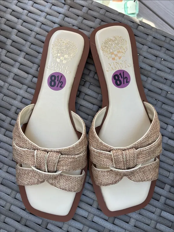 Vince Camuto VP-Byrdy Tan & Cream Woven Slide Sandals - Image 9