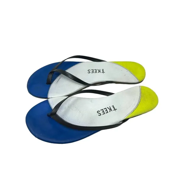 TKEES Neon‎ Yellow & Blue Colorblock Leather Thong Sandal Flip Flops Size US 8 - Image 3
