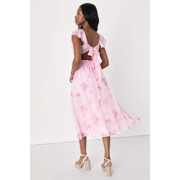 NWT Lulus Loveliest Darling Light Pink Floral Ruffled Tie-Back Midi Dress Sz L - Image 4