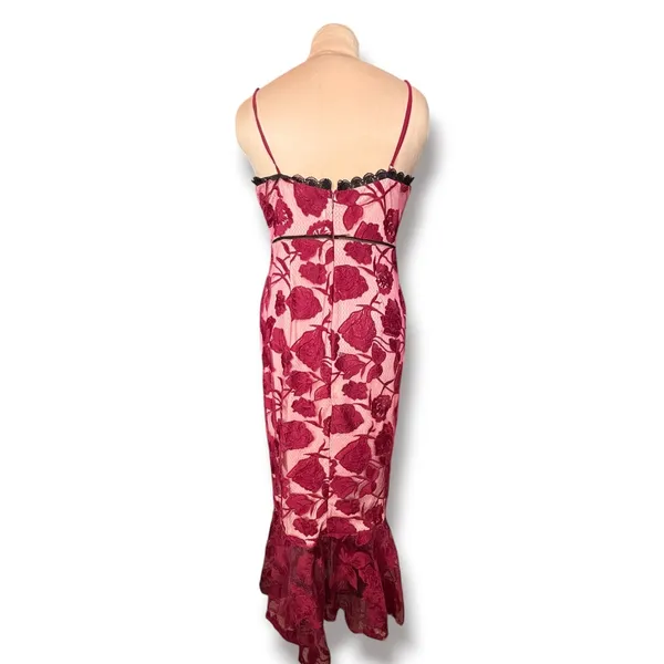Lulus Alluring Dream Burgundy Floral Mesh Lace Trumpet Midi Dress Large Romantic - Image 8