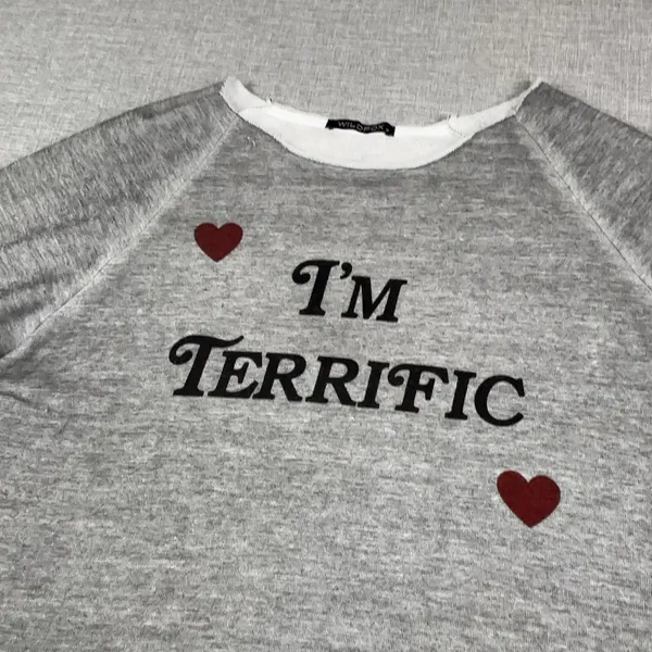 Wildfox T-Shirt Womens M Gray Crew Neck Long Sleeve Fleece I'm Terrific Hearts - Image 2