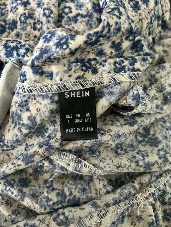 SHEIN Puff Sleeve Floral Blue & White Midi Dress For Women Size Large - Image 5