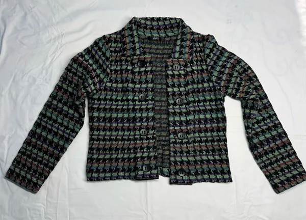 Naven AVEC Vintage-Style Multicolor Pixelated Woven Knit Button-Up Jacket - Image 12