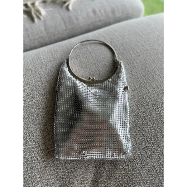 Olga Berg Silver Chainmail Evening Bag Metallic Mesh Clutch with Round Handle - Image 2
